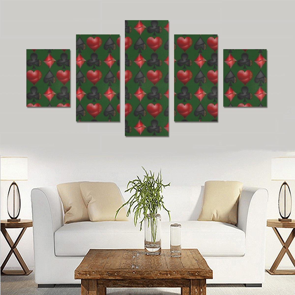 Las Vegas Black and Red Casino Poker Card Shapes on Green Canvas Print Sets B (No Frame)