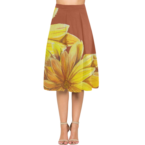 Watercolor Flowers Yellow Orange Brown Aoede Crepe Skirt (Model D16)