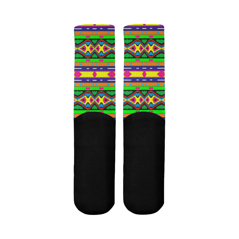 Distorted colorful shapes and stripes Mid-Calf Socks (Black Sole)