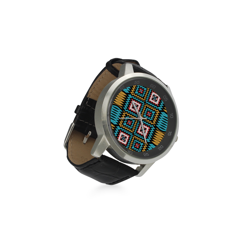 Shapes on a black background Unisex Stainless Steel Leather Strap Watch(Model 202)