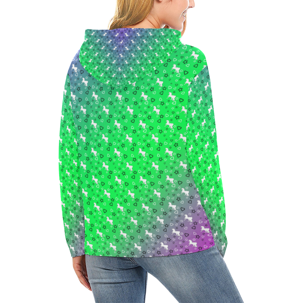 White Unicorn Pattern (Green & Purple) All Over Print Hoodie for Women (USA Size) (Model H13)