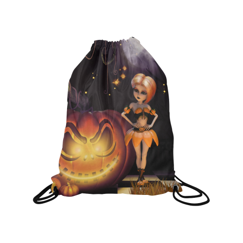 Halloween, girl with pumpkin Medium Drawstring Bag Model 1604 (Twin Sides) 13.8"(W) * 18.1"(H)