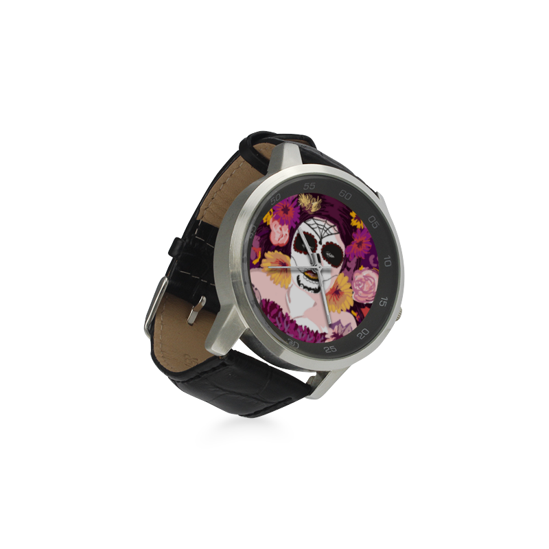 Mexican Sugar Skull Unisex Stainless Steel Leather Strap Watch(Model 202)