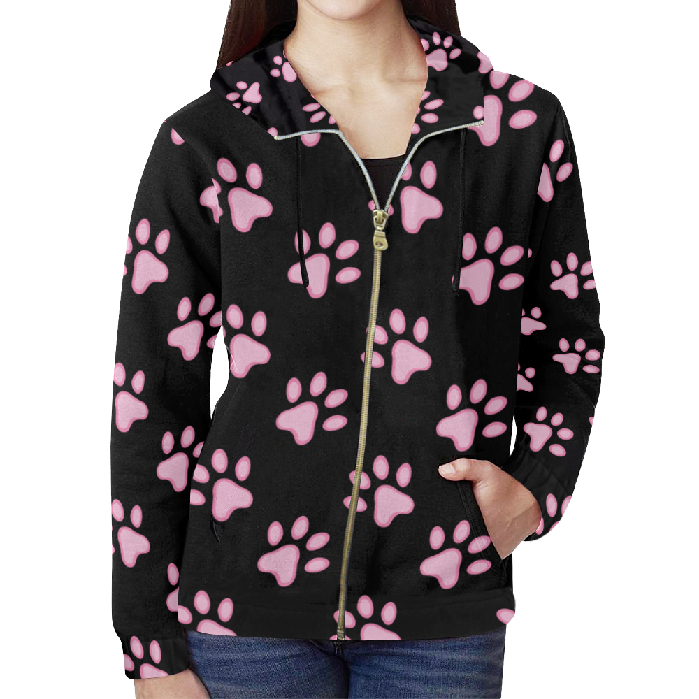 Pink Paw Prints All Over Print Full Zip Hoodie for Women (Model H14)