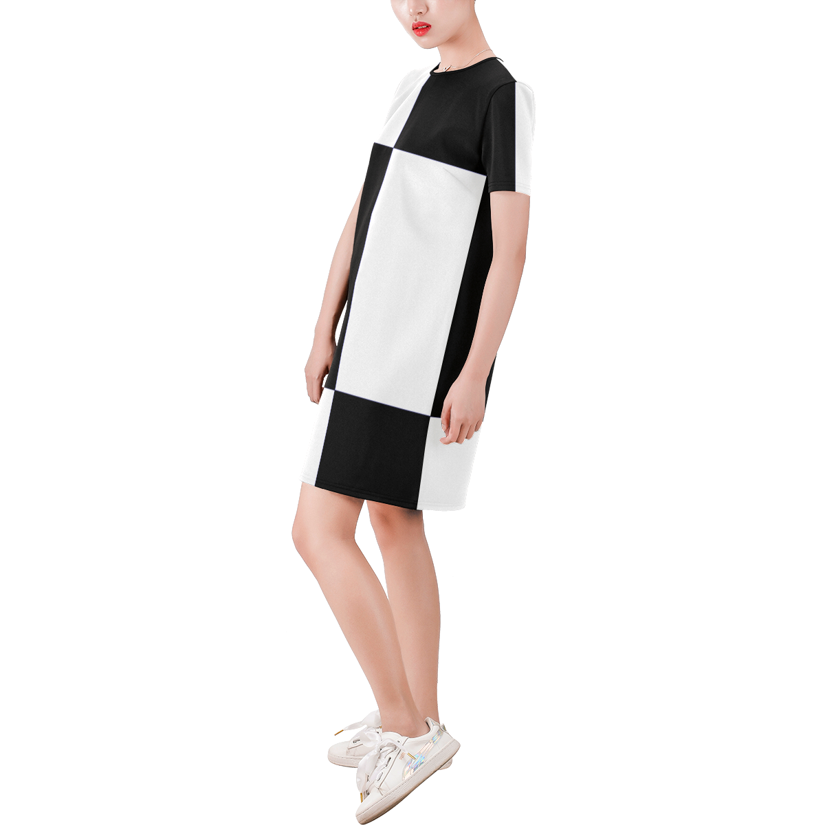 Sixties Mod Color Block Pattern by ArtformDesigns Short-Sleeve Round Neck A-Line Dress (Model D47)