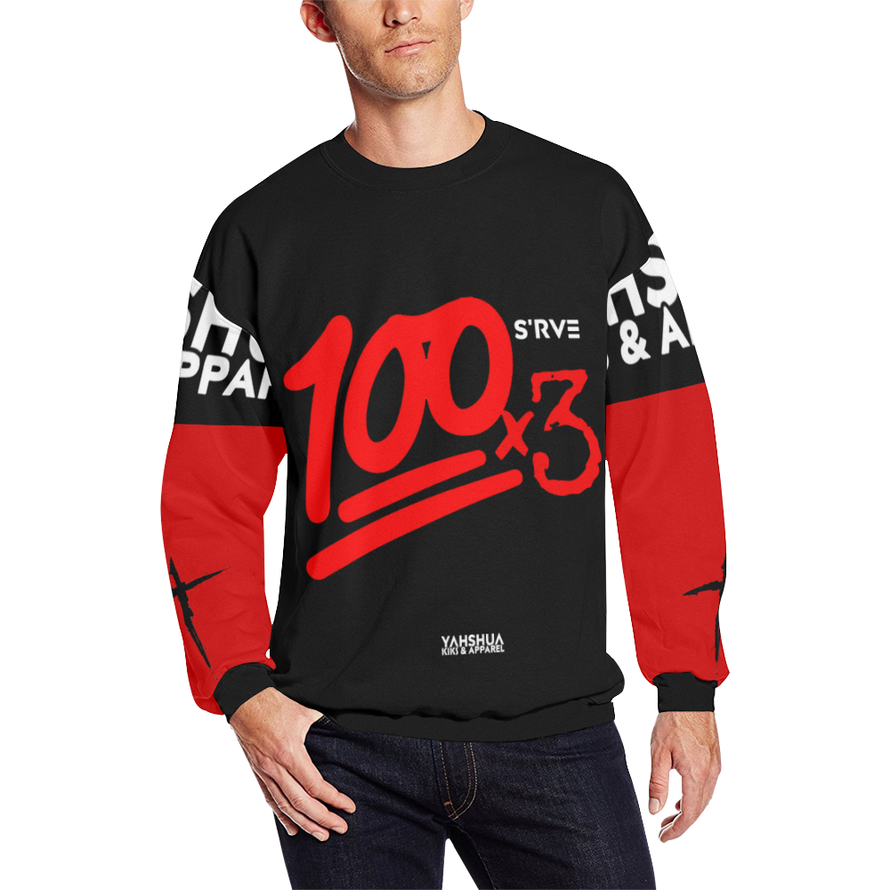 100x3 (Black Red) Men's Oversized Fleece Crew Sweatshirt (Model H18)