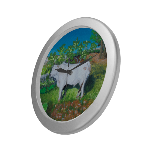 Anna Lipari Sicilian White Cow Oil Painting Silver Color Wall Clock