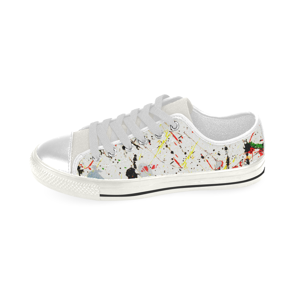 Yellow & Black Paint Splatter - White Low Top Canvas Shoes for Kid (Model 018)