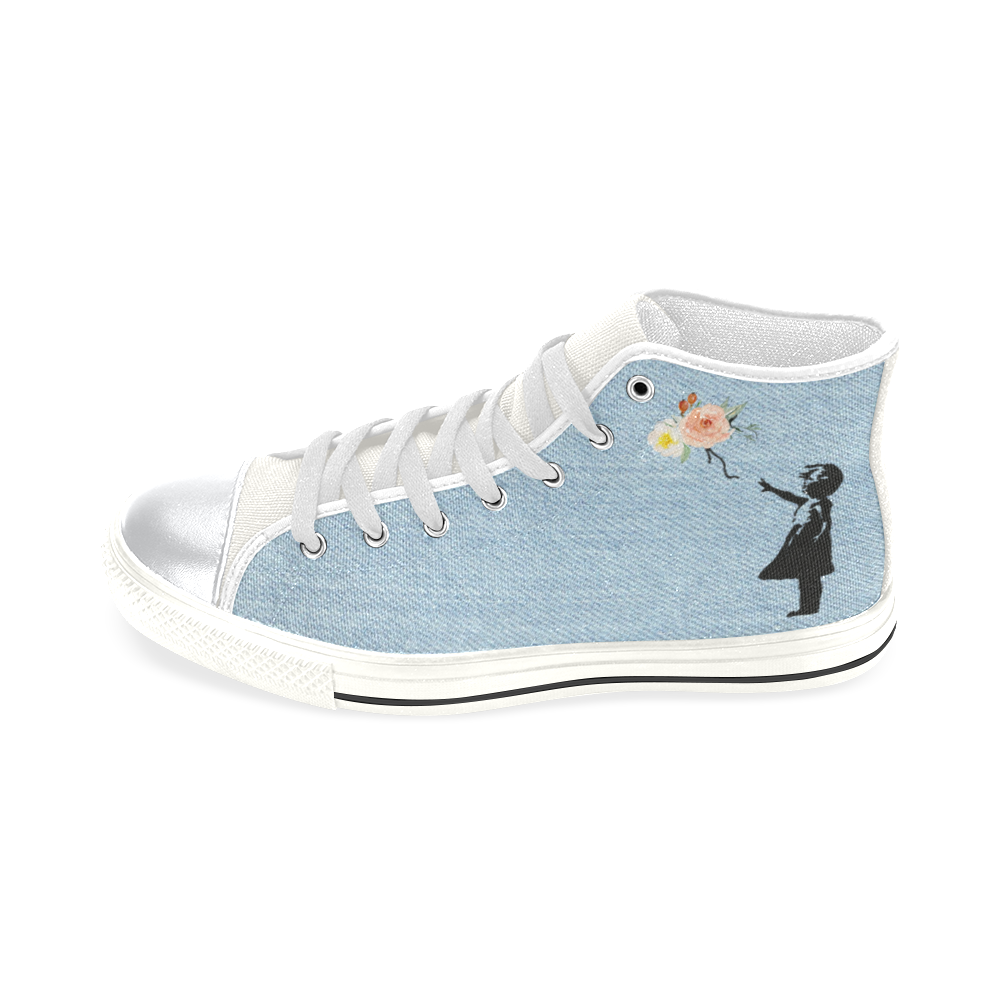 Little Girl & Flowers Bouquet White High Top Canvas Shoes for Kid (Model 017)