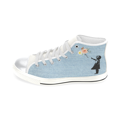 Little Girl & Flowers Bouquet White High Top Canvas Shoes for Kid (Model 017)