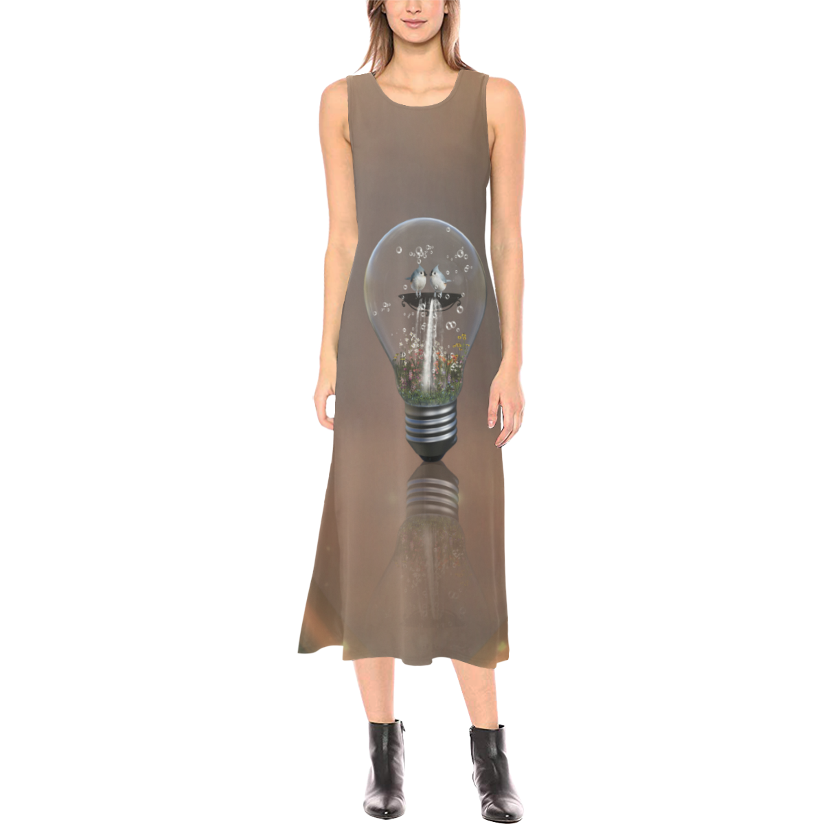 Light bulb with birds Phaedra Sleeveless Open Fork Long Dress (Model D08)