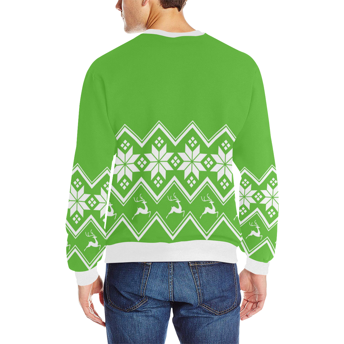 Christmas Reindeer Snowflake Green Men's Rib Cuff Crew Neck Sweatshirt (Model H34)