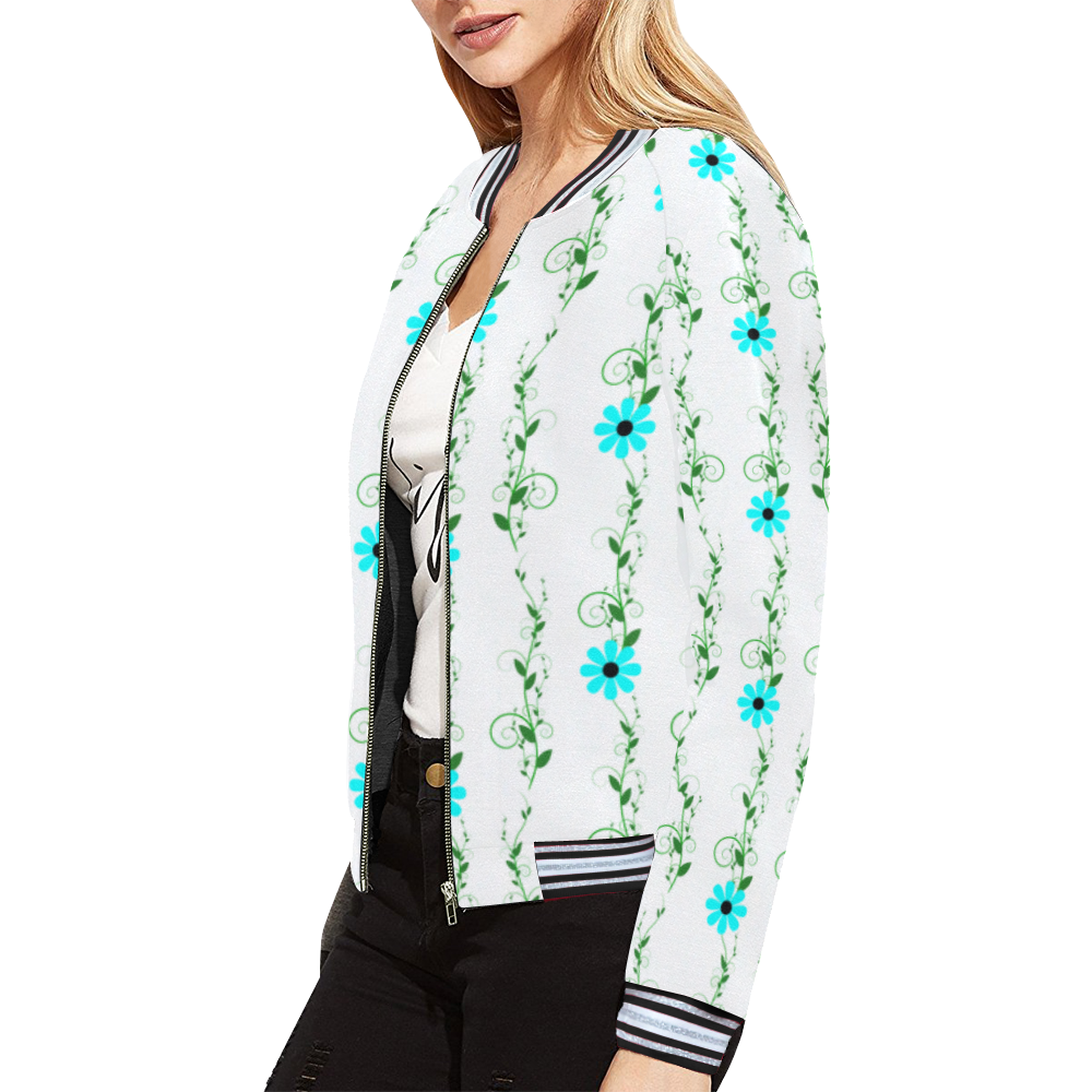 Aqua Flowers All Over Print Bomber Jacket for Women (Model H21)