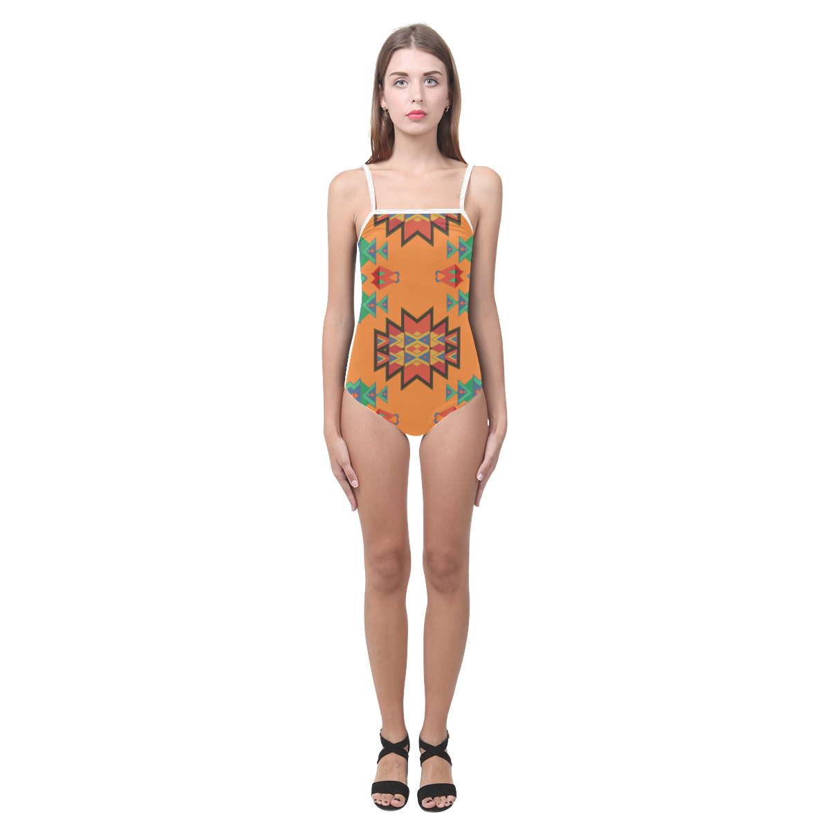 Misc shapes on an orange background Strap Swimsuit ( Model S05)