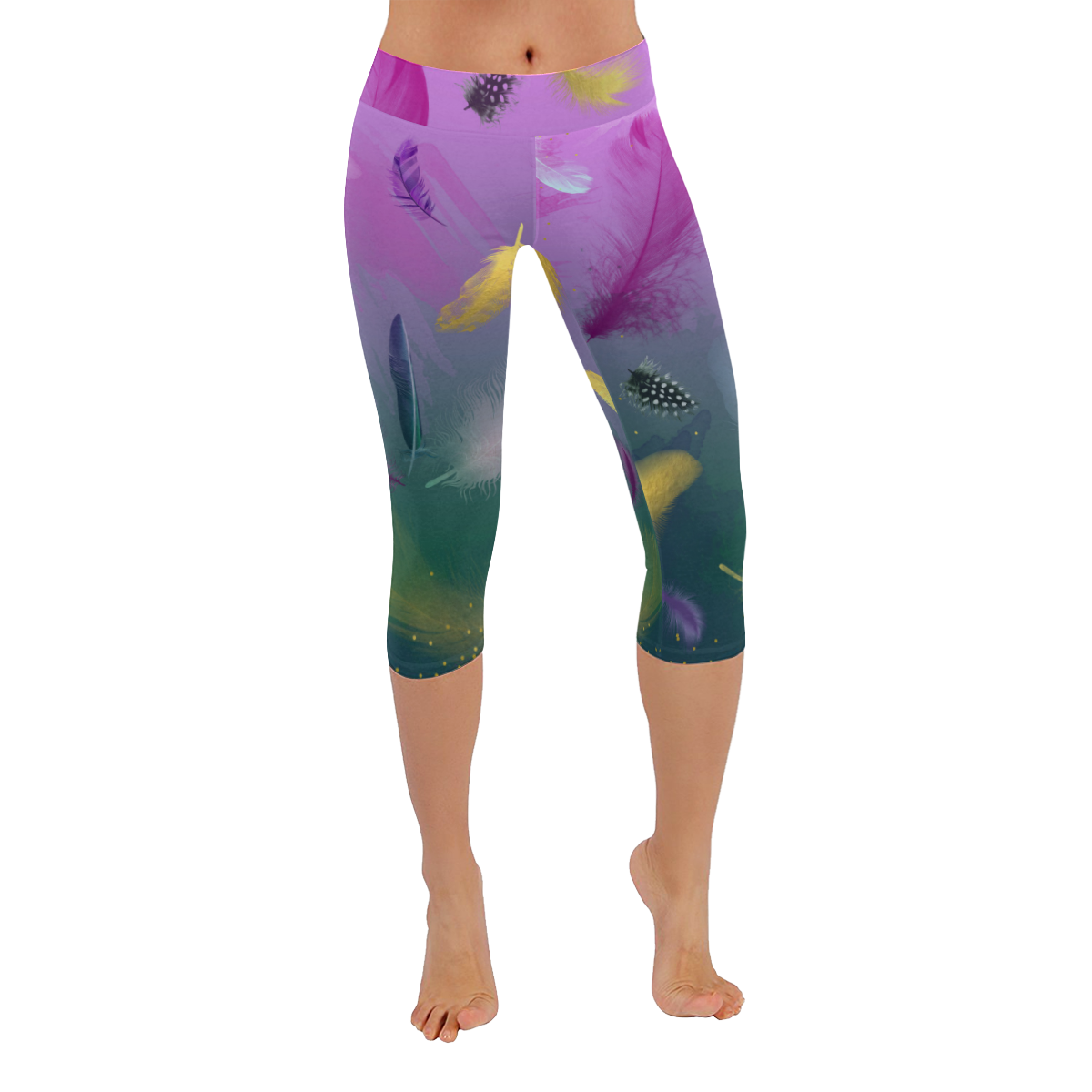Dancing Feathers - Pink and Green Women's Low Rise Capri Leggings (Invisible Stitch) (Model L08)
