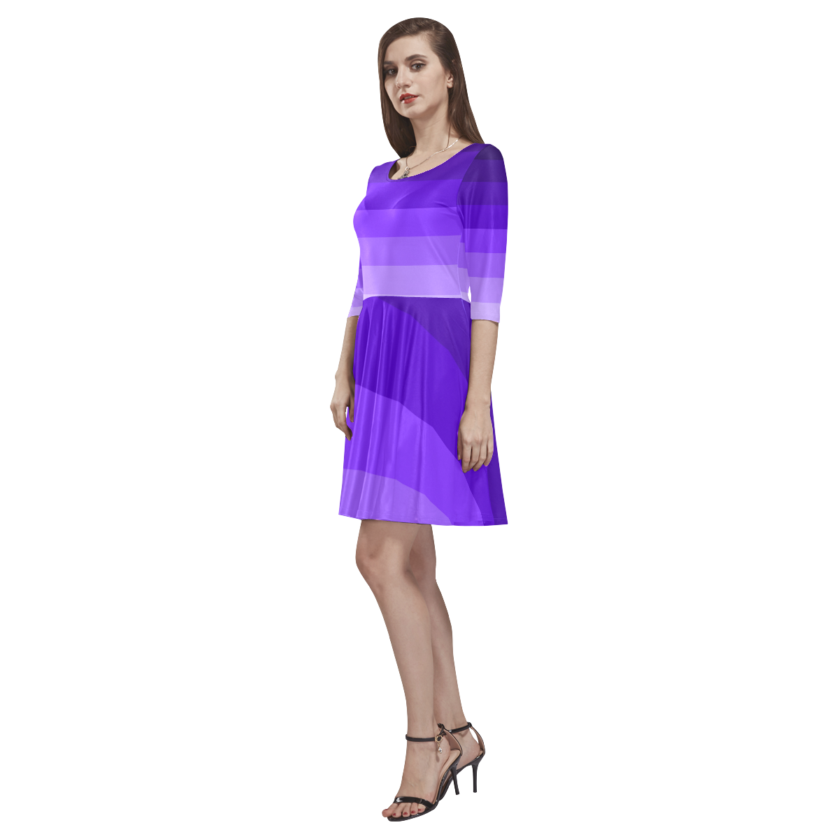 Purple stripes Tethys Half-Sleeve Skater Dress(Model D20)