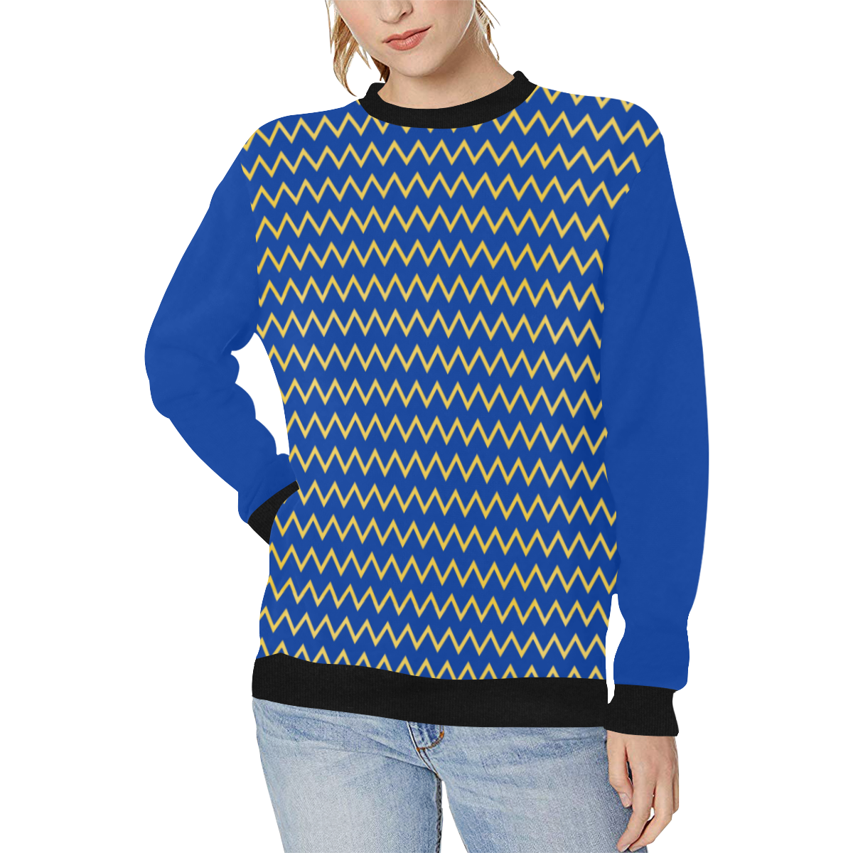 Chevron Jaune/Bleu Women's Rib Cuff Crew Neck Sweatshirt (Model H34)