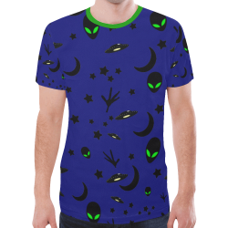 Alien Flying Saucers Stars Pattern on Blue/Green Trim New All Over Print T-shirt for Men/Large Size (Model T45)