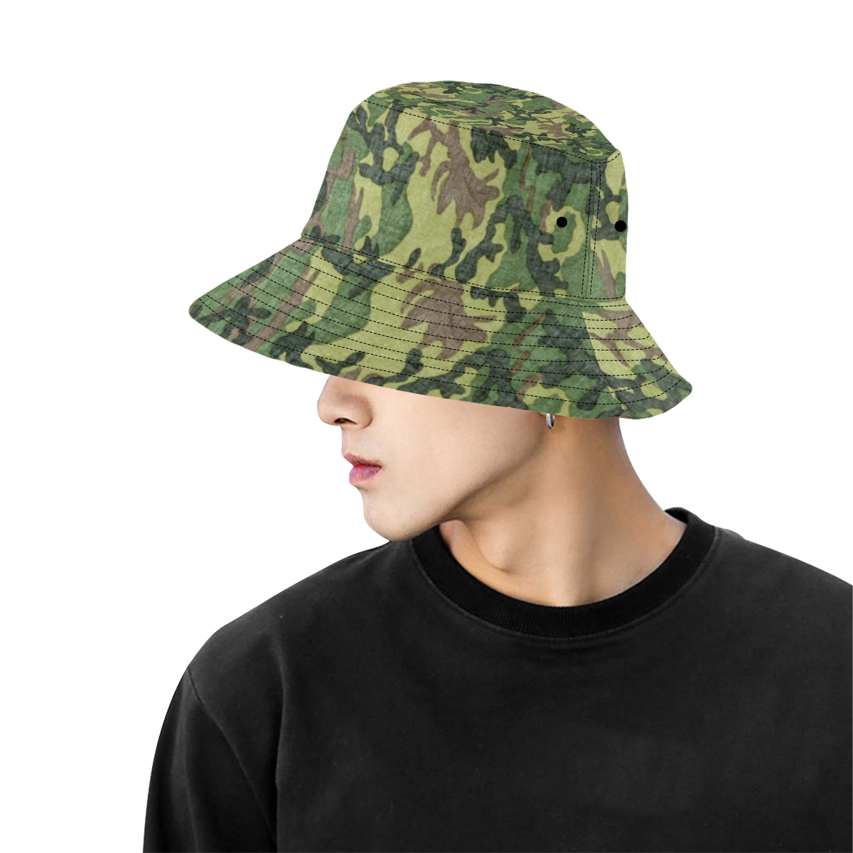 Military Camo Green Woodland Camouflage All Over Print Bucket Hat for Men