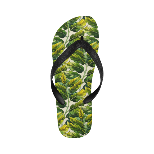 Yellow Green Wide Tropical Leaf pattern 6 Flip Flops for Men/Women (Model 040)
