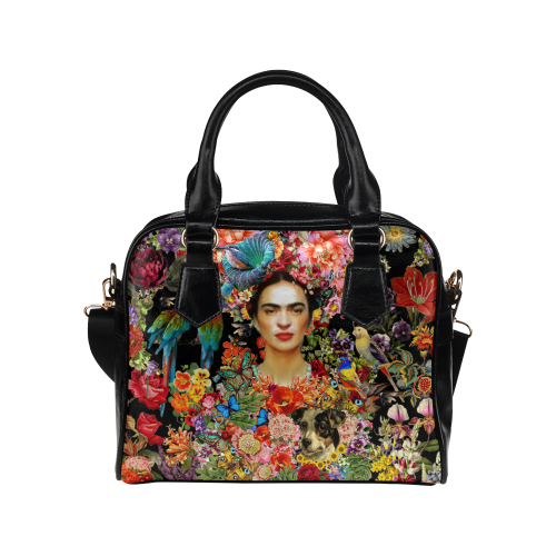 Frida Kahlo Enchanted Garden Black Shoulder Handbag (Model 1634)