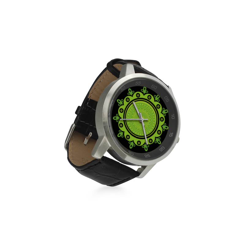 mandala verde chakra anahatha:equilibra la salud de pulmones y corazón Unisex Stainless Steel Leather Strap Watch(Model 202)