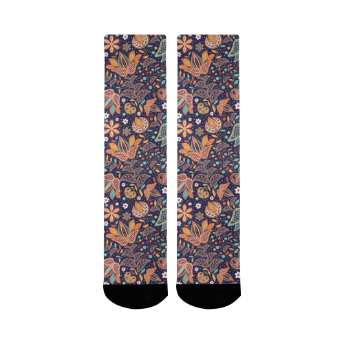 Floral Paisley Pattern - Navy Mid-Calf Socks (Black Sole)