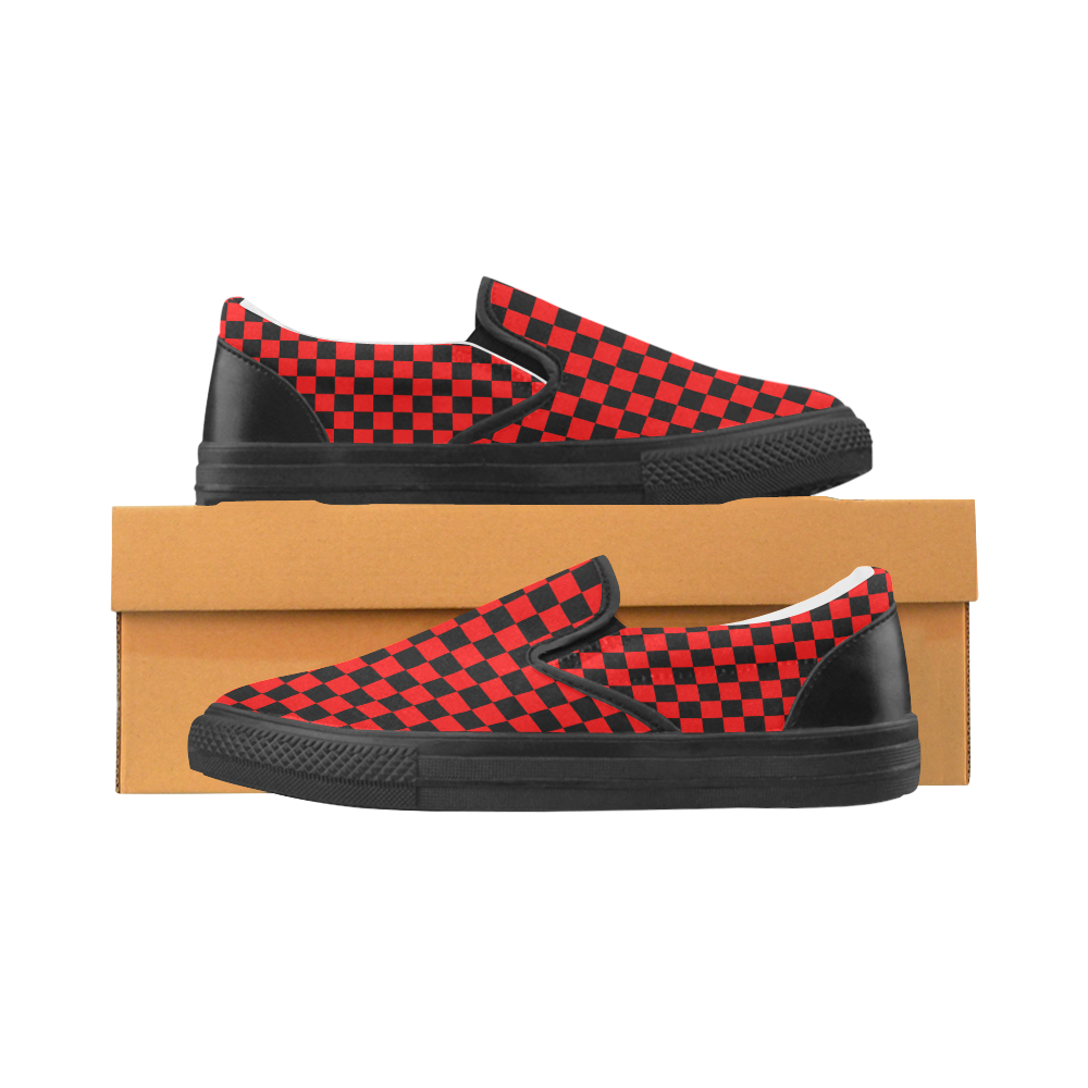 Checkerboard Black and Red Men's Slip-on Canvas Shoes (Model 019)