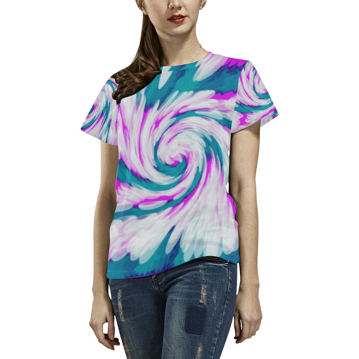Turquoise Pink Tie Dye Swirl Abstract All Over Print T-Shirt for Women (USA Size) (Model T40)