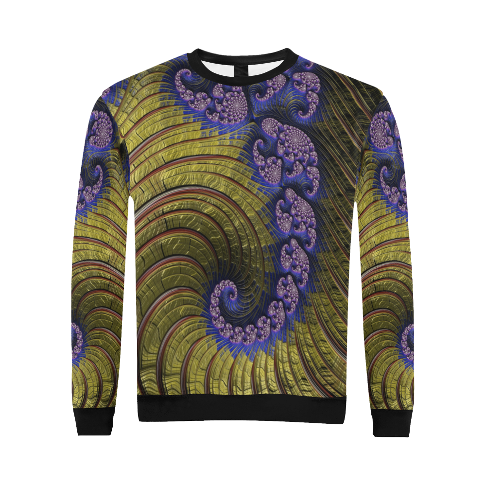 Gold Ocean Currents Blue Coral Fractal Abstract All Over Print Crewneck Sweatshirt for Men/Large (Model H18)