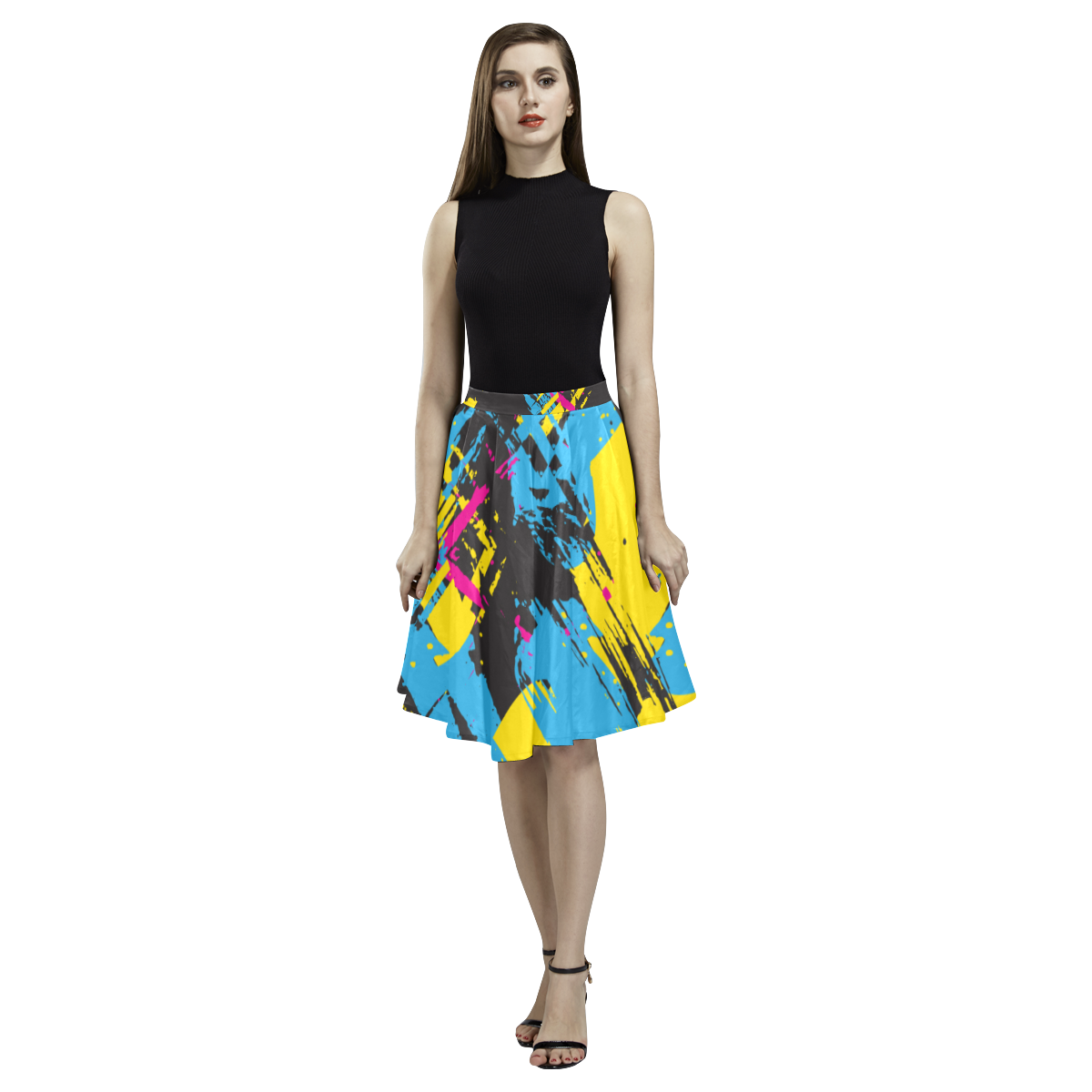 Colorful paint stokes on a black background Melete Pleated Midi Skirt (Model D15)
