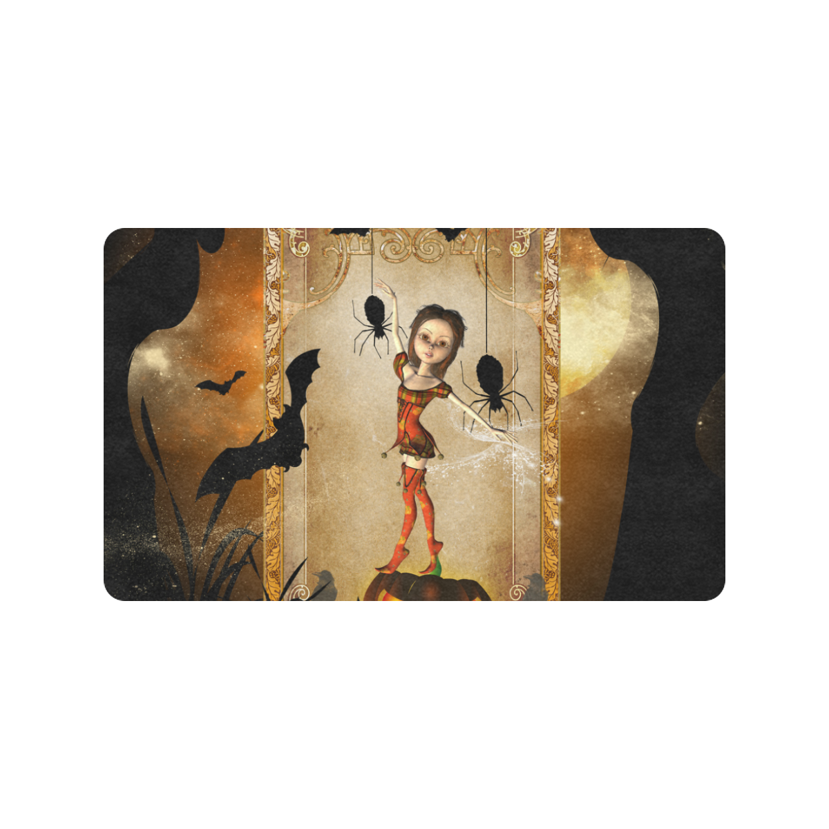 Halloween, cute girl with spiders and pumpkin Doormat 30"x18" (Black Base)