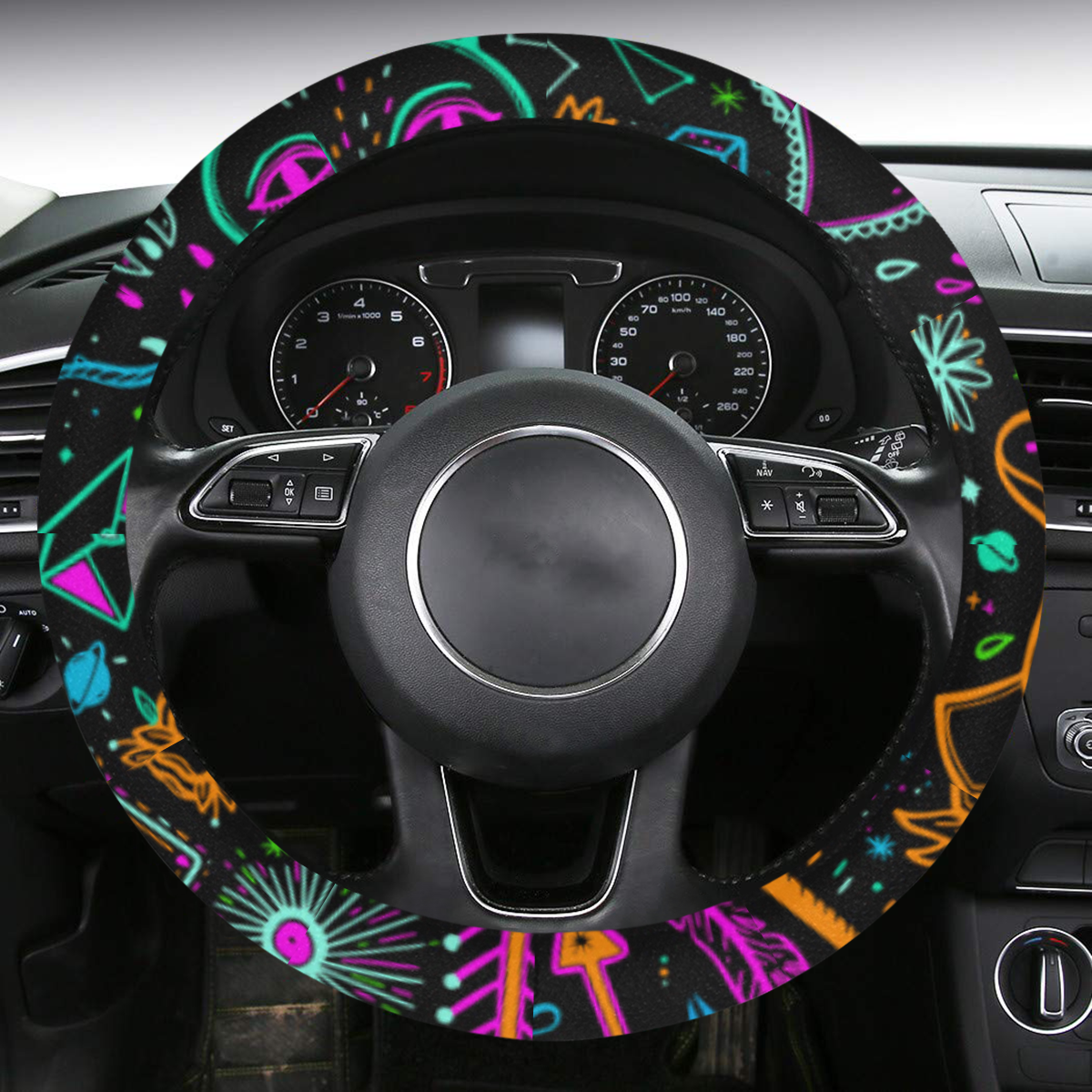 Funny Nature Of Life Sketchnotes Pattern 2 Steering Wheel Cover with Anti-Slip Insert