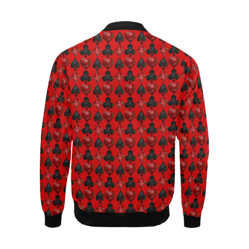 Las Vegas Black and Red Casino Poker Card Shapes on Red All Over Print Bomber Jacket for Men (Model H19)