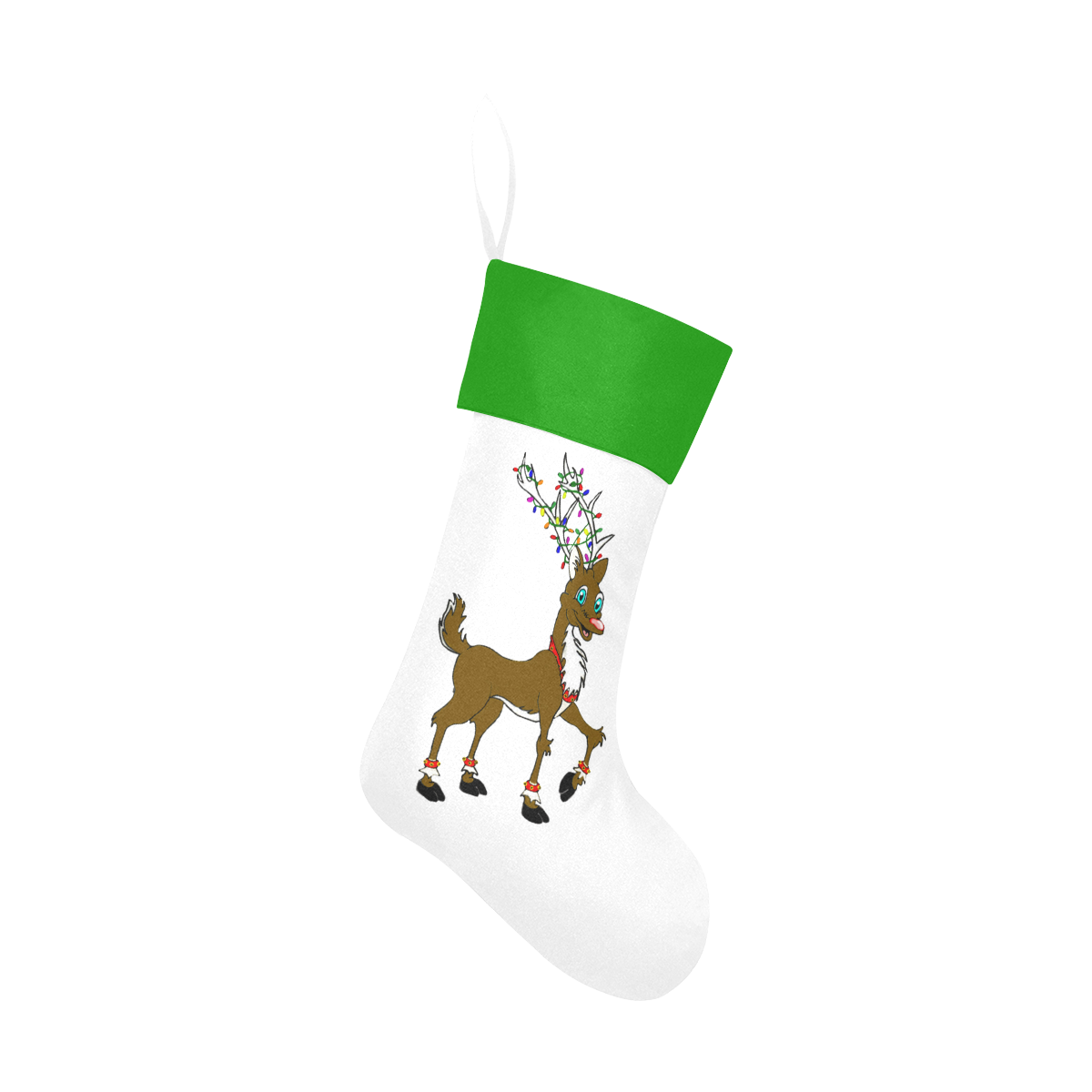 Rudy Reindeer With Lights White/Green Christmas Stocking