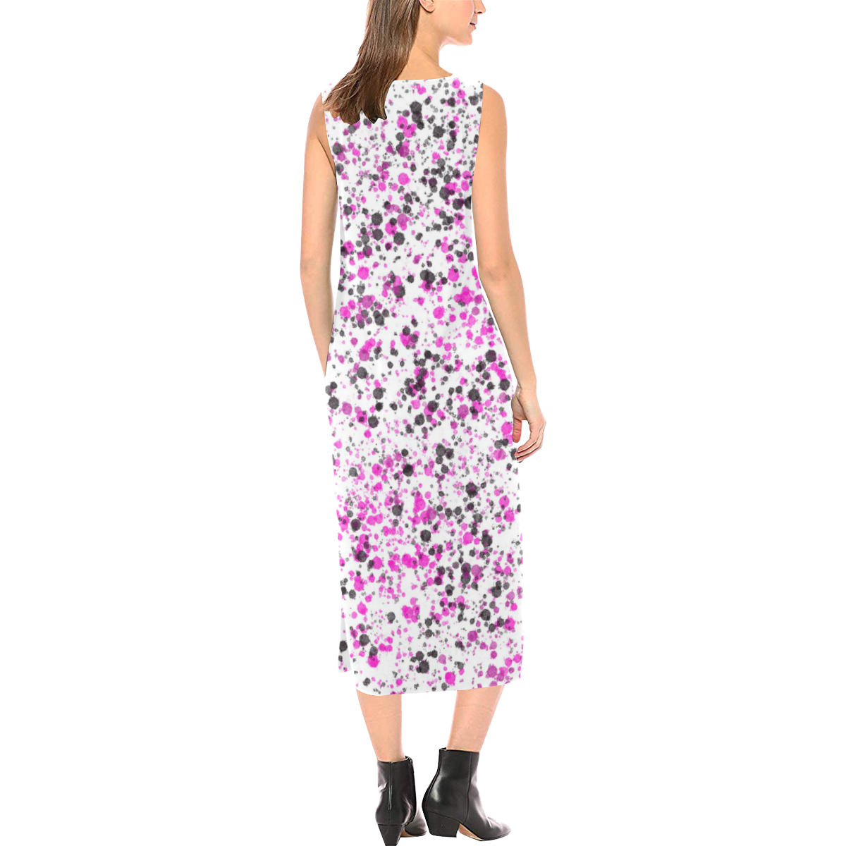 Pink, White and Black Spray Paint Phaedra Sleeveless Open Fork Long Dress (Model D08)