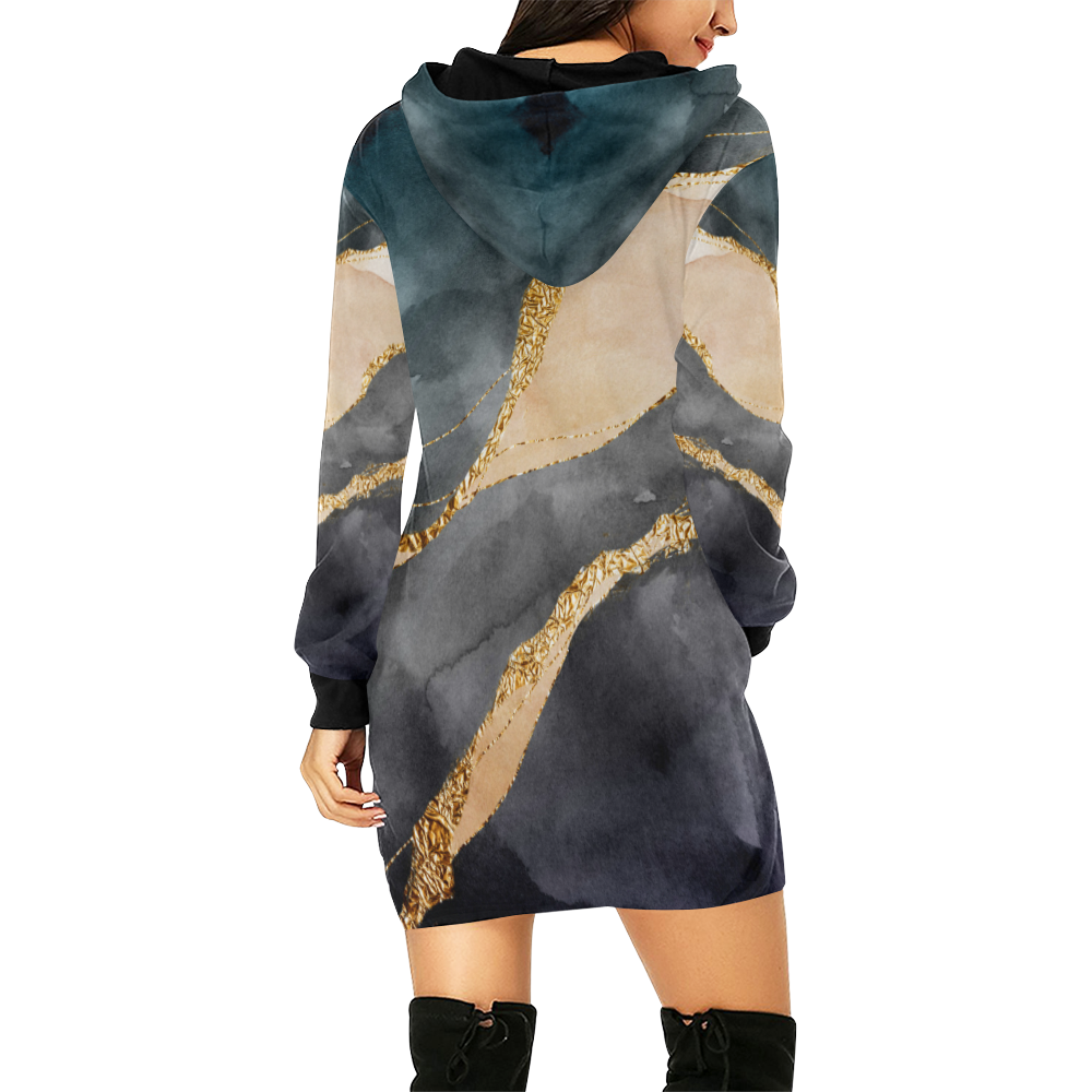 black and gold All Over Print Hoodie Mini Dress (Model H27)