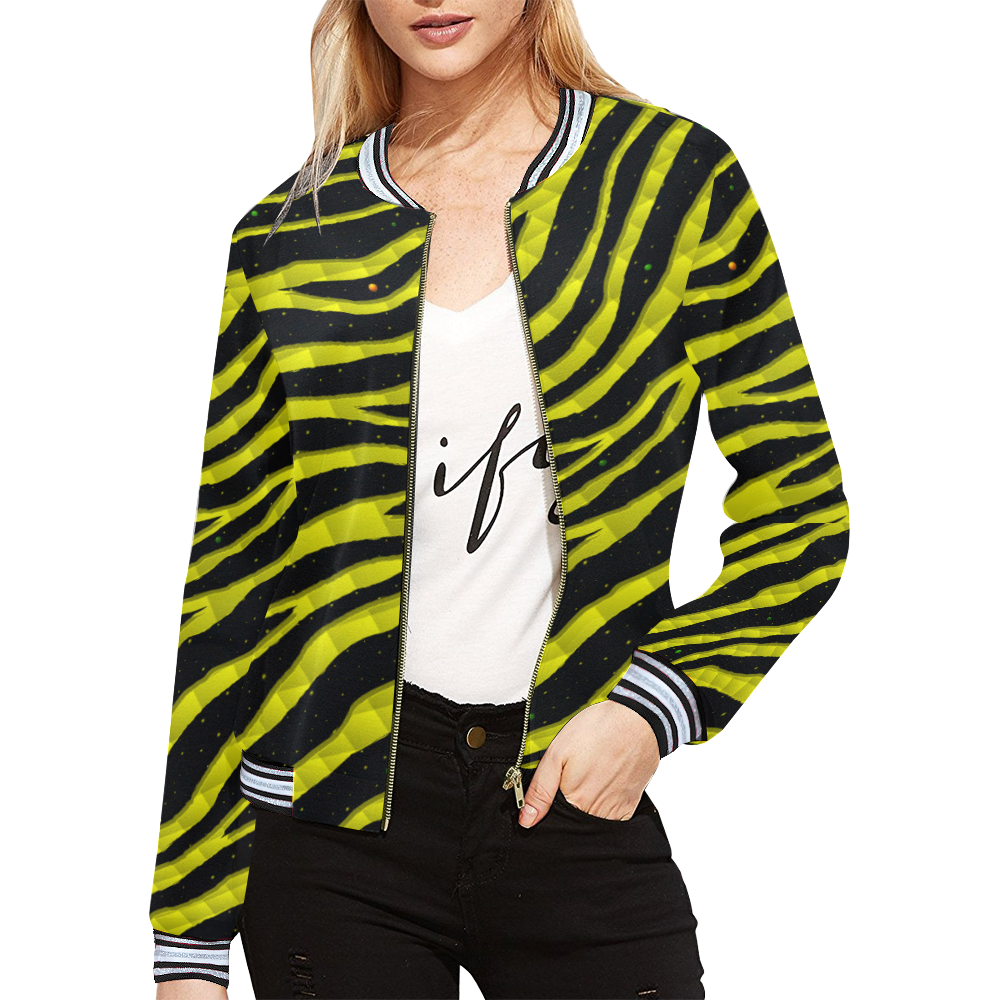 Ripped SpaceTime Stripes - Yellow All Over Print Bomber Jacket for Women (Model H21)