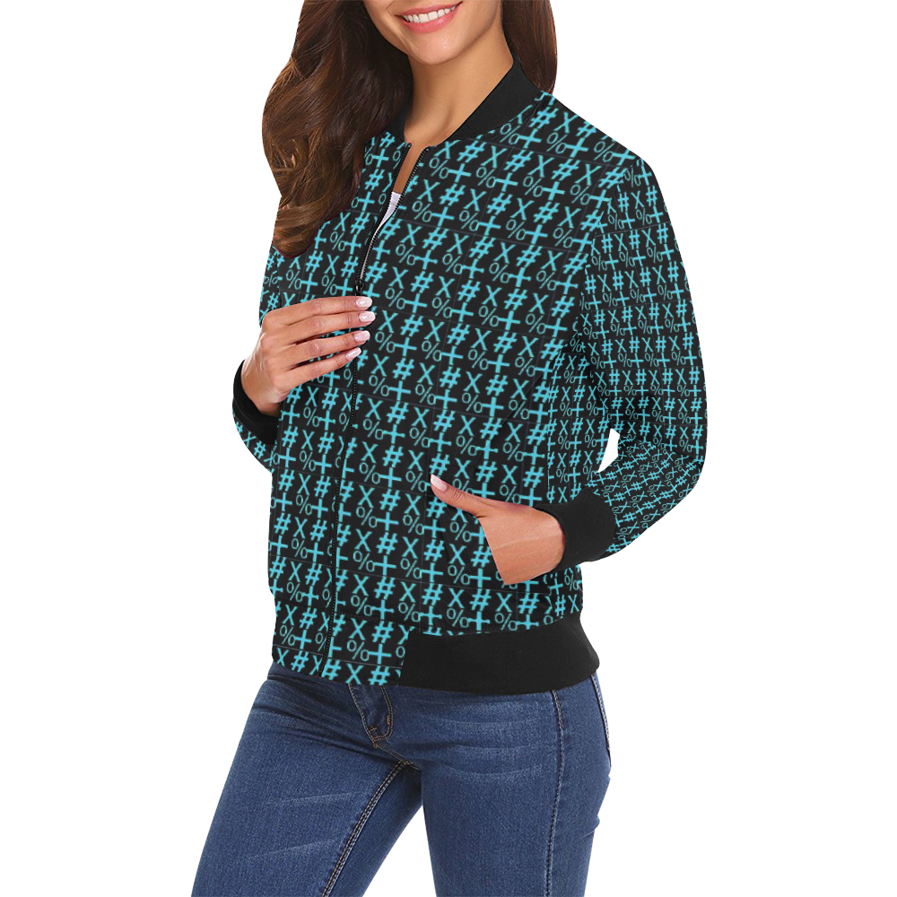NUMBERS Collection Symbols Teal/Black All Over Print Bomber Jacket for Women (Model H19)