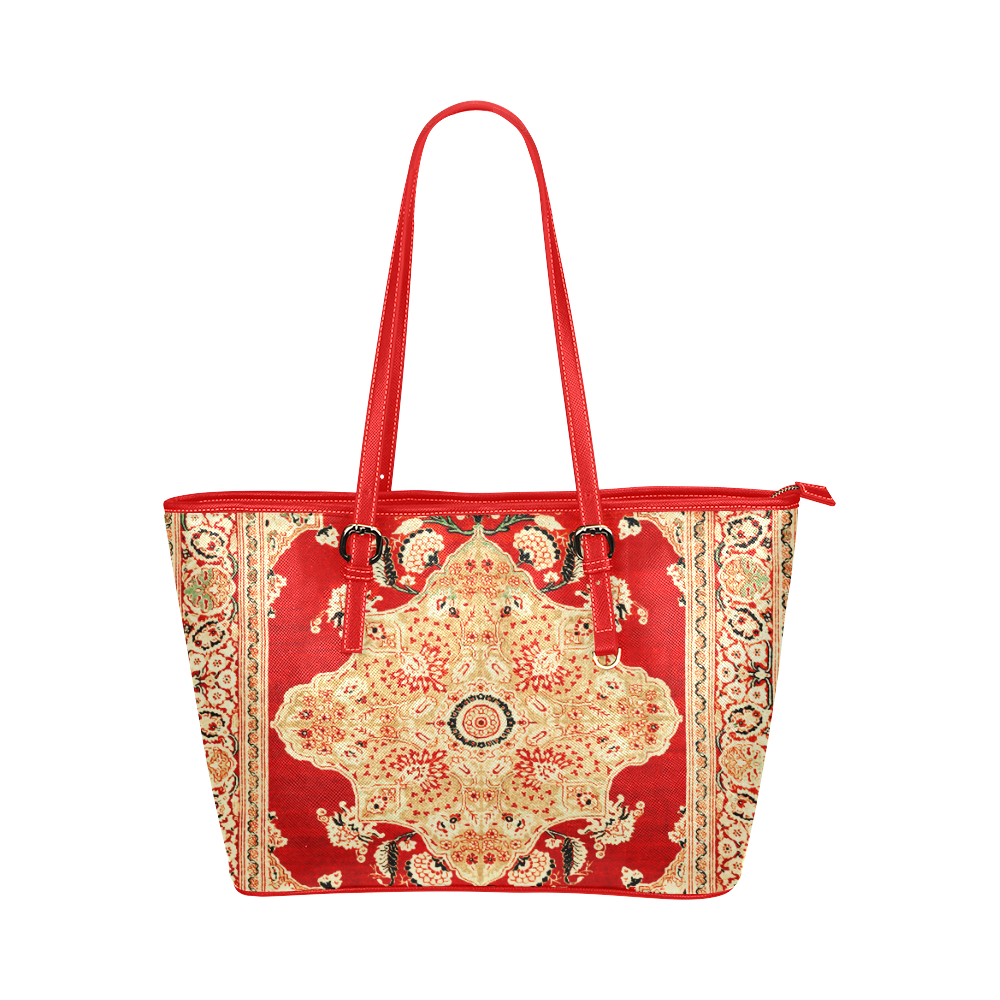 Persian Carpet Hadji Jallili Tabriz Red Gold Leather Tote Bag/Large (Model 1651)