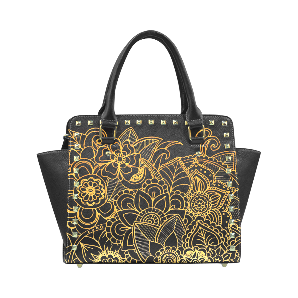 Floral Doodle Gold G523 Rivet Shoulder Handbag (Model 1645)