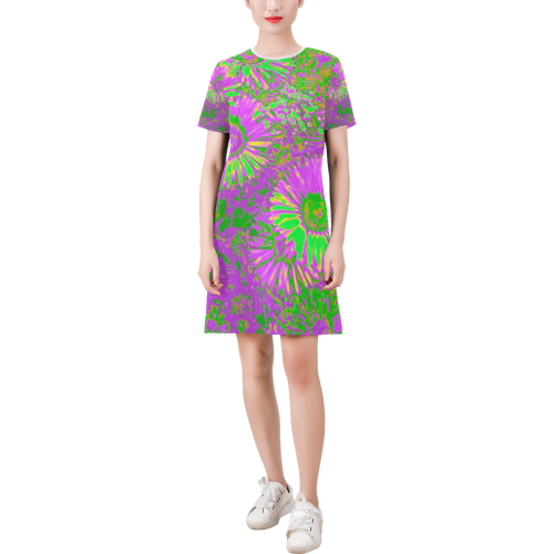 Amazing neon flowers A by JamColors Short-Sleeve Round Neck A-Line Dress (Model D47)