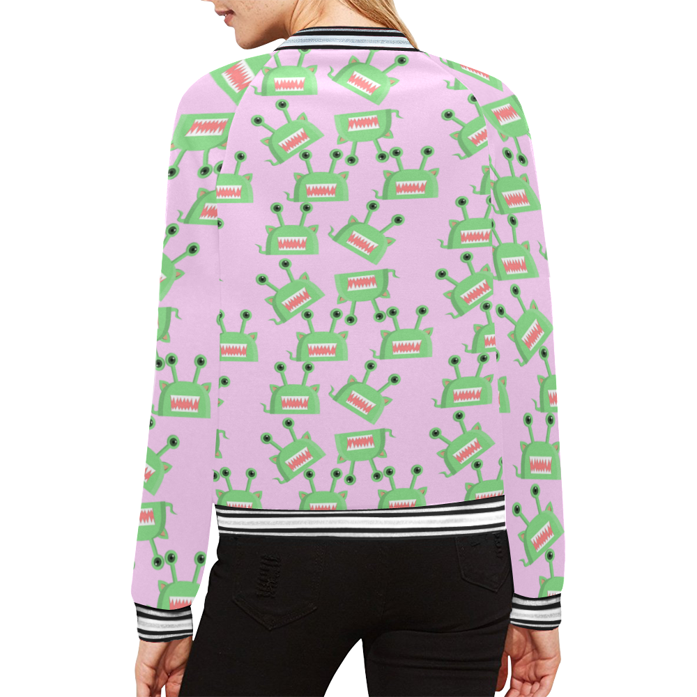 green alien monster pattern pink All Over Print Bomber Jacket for Women (Model H21)