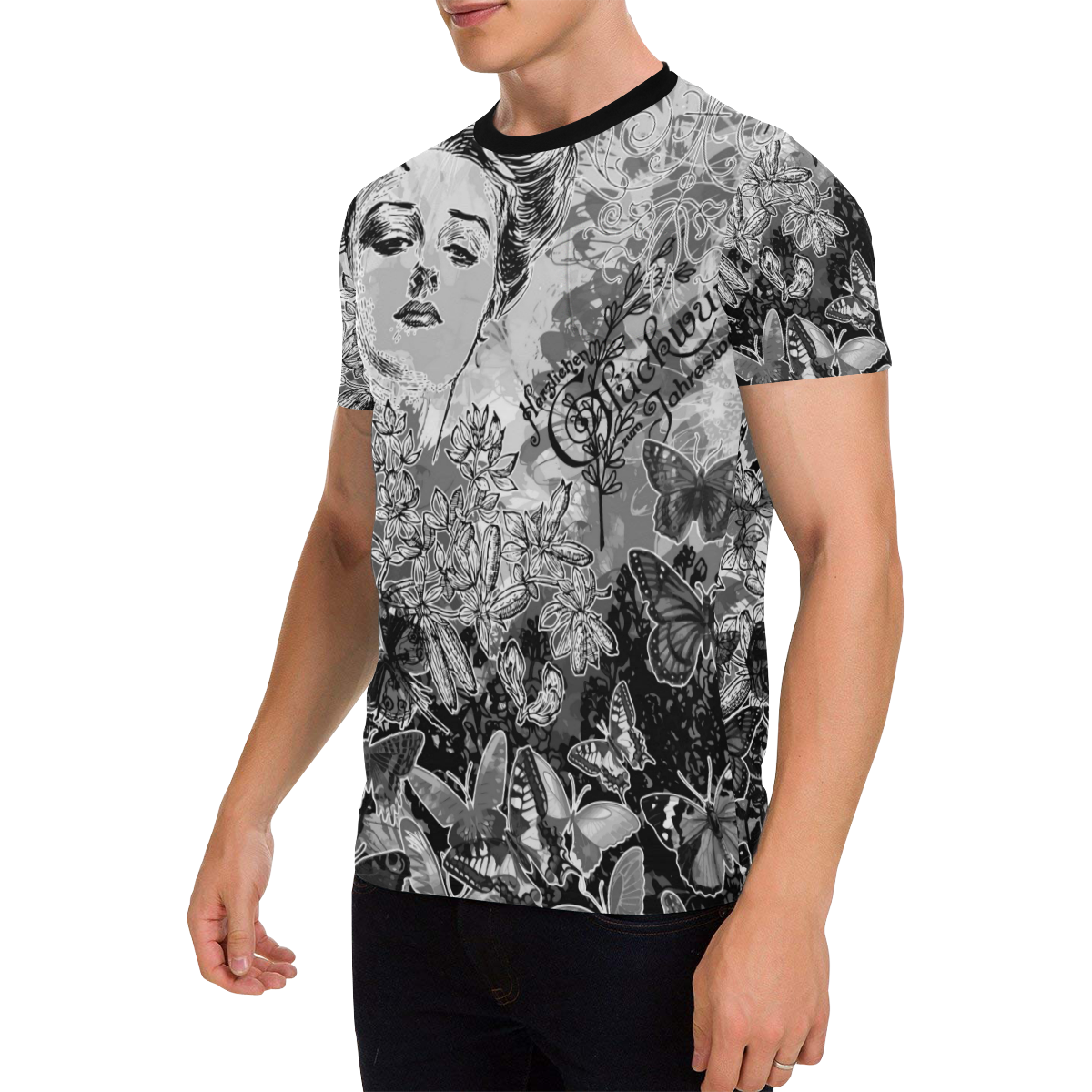 Lady and butterflies Men's All Over Print T-Shirt with Chest Pocket (Model T56)