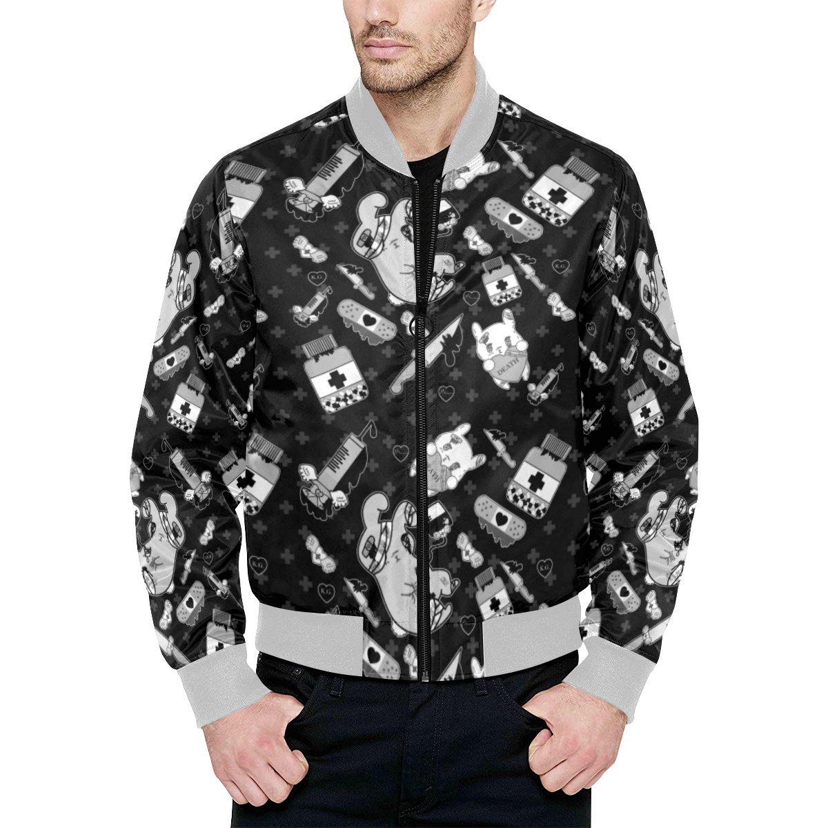Hurt Bunny DEATH All Over Print Quilted Bomber Jacket for Men (Model H33)
