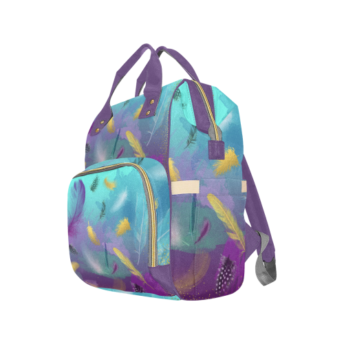 Dancing Feathers - Turquoise and Purple Multi-Function Diaper Backpack/Diaper Bag (Model 1688)