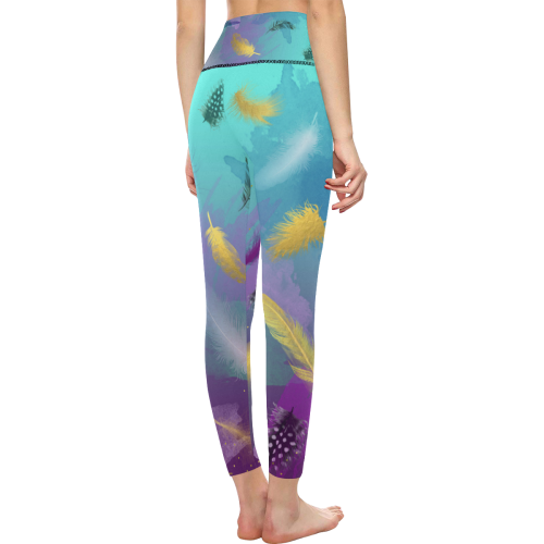 Dancing Feathers - Turquoise and Purple Women's All Over Print High-Waisted Leggings (Model L36)