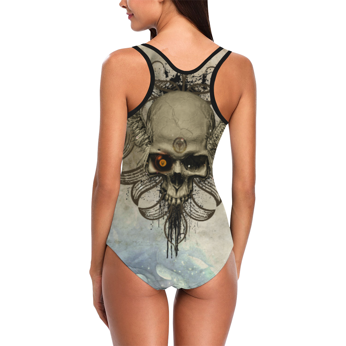 Creepy skull, vintage background Vest One Piece Swimsuit (Model S04)