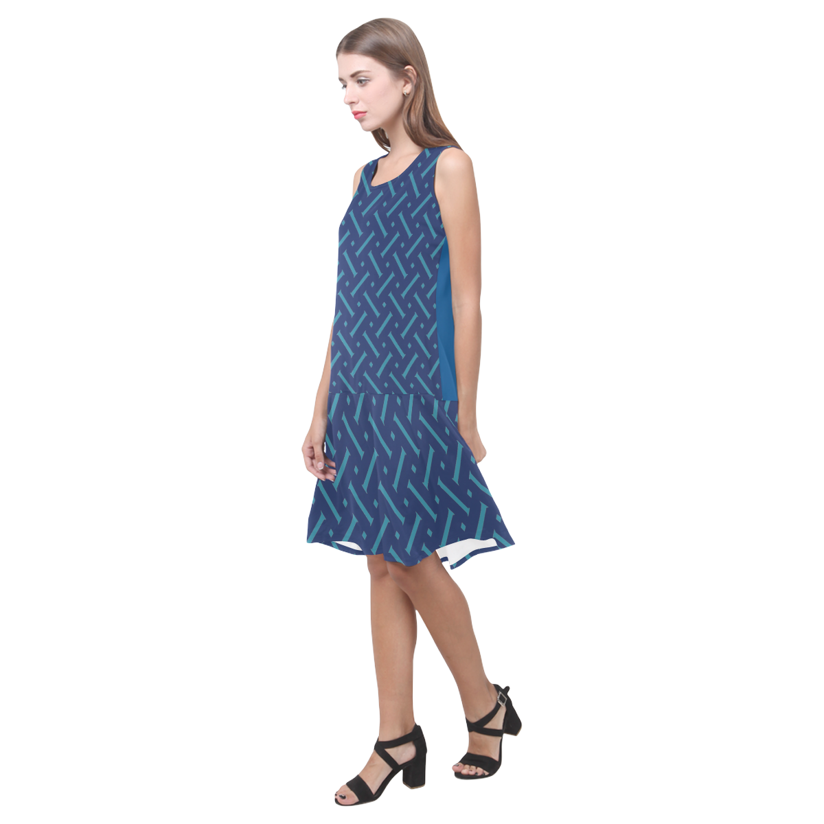 Blue Crosshatch Flair Tank Dress Sleeveless Splicing Shift Dress(Model D17)