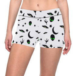 Alien Flying Saucers Stars Pattern on White Women's All Over Print Short Leggings (Model L28)